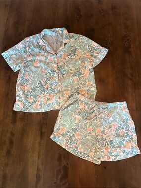 Joie Floral Short-Sleeve Pajama Top in Teal and Peach